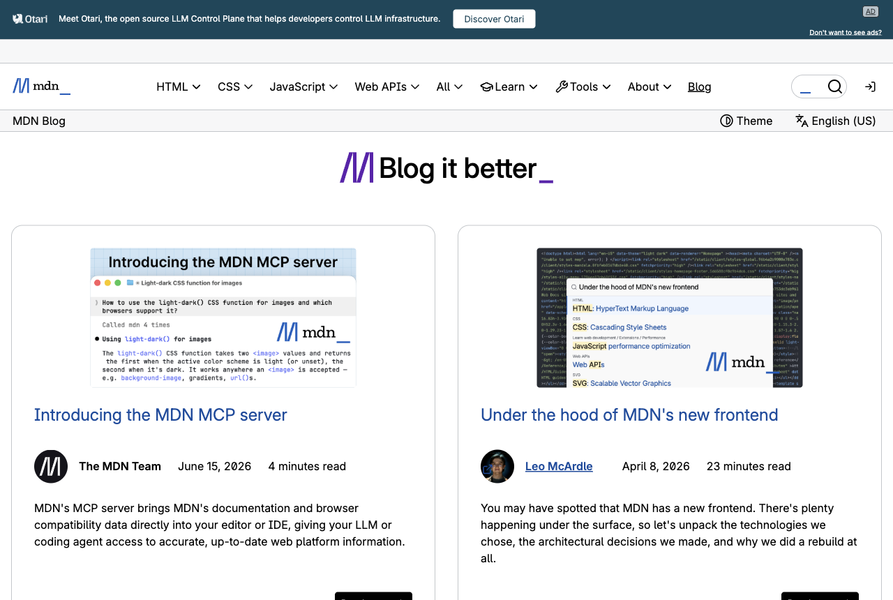 MDN blog list page driven by the test, showing blog cards